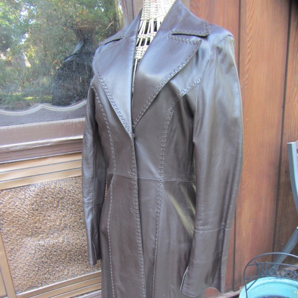 GUESS WHIPSTICHED BROWN LEATHER 3/4 LONG JACKET M - Picture 2 of 8